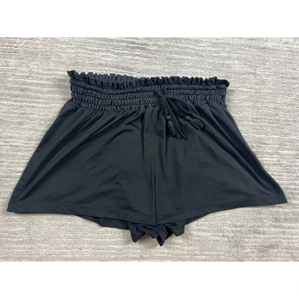 Hot Kiss Shorts Womens Medium Black Paperbag Smocked Waist Tassel Lounge Casual‎
